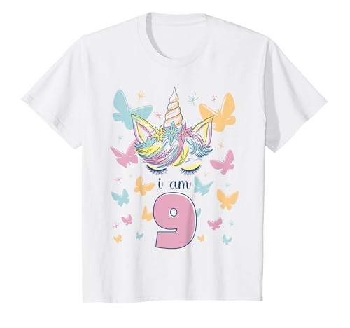 Kinder Einhorn Ich Bin 9 Jahre Schmetterlinge Geburtstag 9 Jahre T-Shirt von Geburtstagsgeschenke Für Frauen Mädchen Freundin