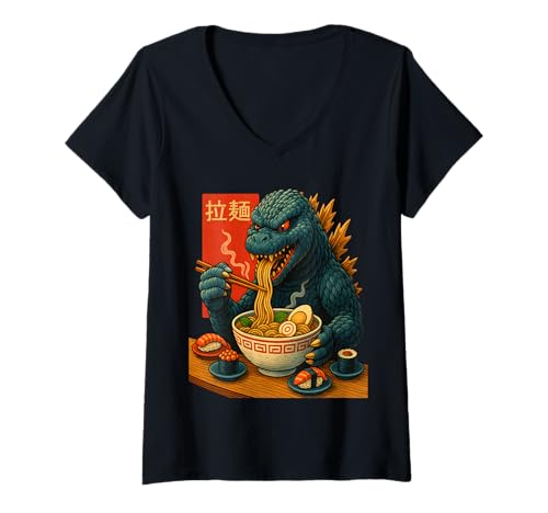 Damen Lustiger Kaiju essen Ramen japanische Monsterliebhaber T-Shirt mit V-Ausschnitt Damen Lustiger Kaiju essen Ramen japanische Monsterliebhaber T-Shirt mit V-Ausschnitt von Geburtstagsgeschenke japanisch süße lustige Kaiju