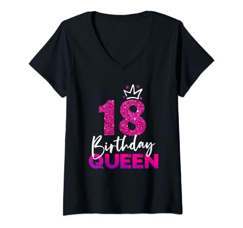 Damen 18ter Geburtstag Birthday Queen Geschenk zum 18. Geburtstag T-Shirt mit V-Ausschnitt von Geburtstagsshirt 18 Jahre Frauen Mädchen