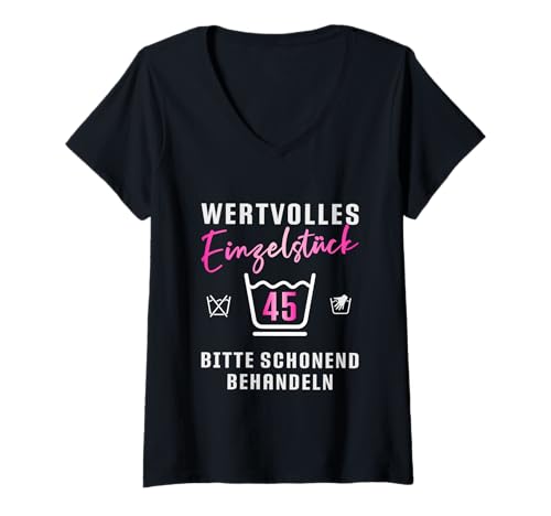 Damen 45ter Geburtstag Waschsymbole Geschenk zum 45. Geburtstag T-Shirt mit V-Ausschnitt von Geburtstagsshirt 45 Jahre Frauen