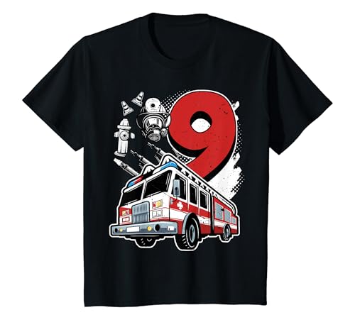 Kinder Geburtstag 9 Jahre Junge Feuerwehr Ich bin 9 T-Shirt von Geburtstagsshirt Jungs 9. Geburtstag Feuerwehrauto
