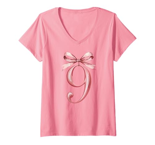 Damen Hübsches Pink 9 Geburtstag Mädchen Coquette T-Shirt mit V-Ausschnitt Damen Hübsches Pink 9 Geburtstag Mädchen Coquette T-Shirt mit V-Ausschnitt von Geburtstagszauber