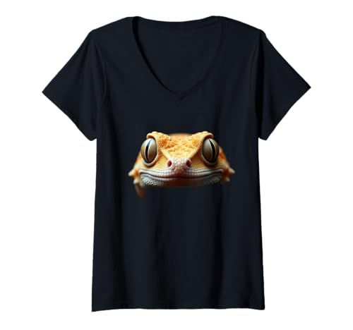 Damen Gecko-Kopf, wilde tropische Reptilien-Eidechsen-Kunst T-Shirt mit V-Ausschnitt von Gecko Fun Designs