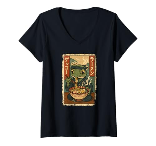 Damen Gecko isst Ramen Nudeln Japanisches Vintage T-Shirt mit V-Ausschnitt Damen Gecko isst Ramen Nudeln Japanisches Vintage T-Shirt mit V-Ausschnitt von Gecko Ramen Nudeln Retro Kawaii Shop