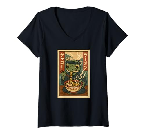 Damen Gecko isst Ramen Nudeln Japanisches Vintage T-Shirt mit V-Ausschnitt Damen Gecko isst Ramen Nudeln Japanisches Vintage T-Shirt mit V-Ausschnitt von Gecko Ramen Nudeln Retro Kawaii Shop