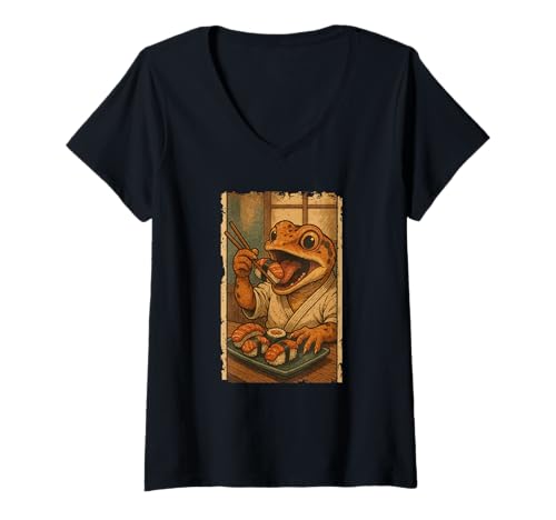 Damen Gecko isst Sushi Japanisches Vintage T-Shirt mit V-Ausschnitt Damen Gecko isst Sushi Japanisches Vintage T-Shirt mit V-Ausschnitt von Gecko Sushi Retro Kawaii Shop