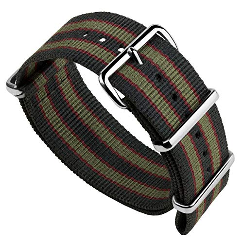Geckota Vintage Bond 1973 Britisches Militär Nylon Herren Ersatz Uhrenarmband. Dunkelblau, rot und olivgrün gestreift. Robustes, schnell trocknendes und sicheres Uhrenarmband. Schwarze Schließe, 22 mm Geckota Vintage Bond 1973 Britisches Militär Nylon Herren Ersatz Uhrenarmband. Dunkelblau, rot und olivgrün gestreift. Robustes, schnell trocknendes und sicheres Uhrenarmband. Schwarze Schließe, 22 mm von Geckota