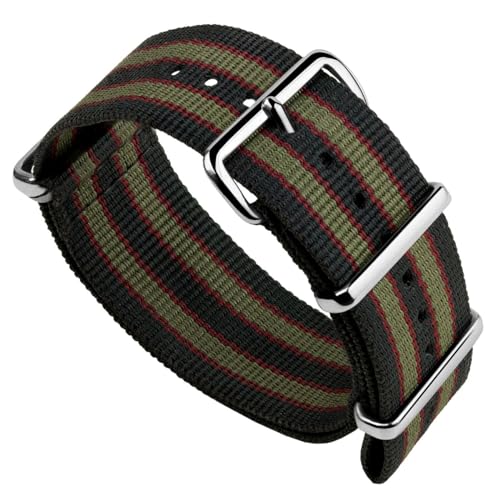 Geckota Vintage Bond 1973 Britisches Militär Nylon Herren Ersatz Uhrenarmband. Dunkelblau, rot und olivgrün gestreift. Robustes, schnell trocknendes und sicheres Uhrenarmband. Schwarze Schließe, 20 mm Geckota Vintage Bond 1973 Britisches Militär Nylon Herren Ersatz Uhrenarmband. Dunkelblau, rot und olivgrün gestreift. Robustes, schnell trocknendes und sicheres Uhrenarmband. Schwarze Schließe, 20 mm von Geckota