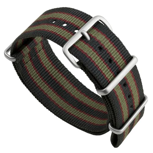 Geckota Vintage Bond 1973 Britisches Militär Nylon Herren Ersatz Uhrenarmband. Dunkelblau, rot und olivgrün gestreift. Robustes, schnell trocknendes und sicheres Uhrenarmband. Satin-Schnalle, 22 mm Geckota Vintage Bond 1973 Britisches Militär Nylon Herren Ersatz Uhrenarmband. Dunkelblau, rot und olivgrün gestreift. Robustes, schnell trocknendes und sicheres Uhrenarmband. Satin-Schnalle, 22 mm von Geckota