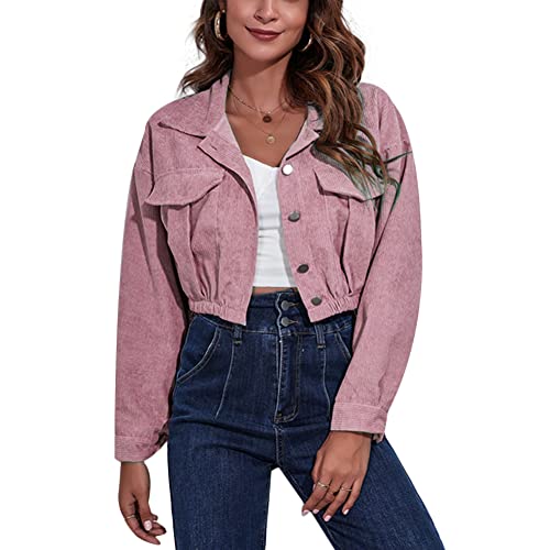 Damen Cordjacke Langarm Button Down Solid Hemdmantel Casual Elastische Kurze Jacken, dunkelrosa, 36 von Gediffwer