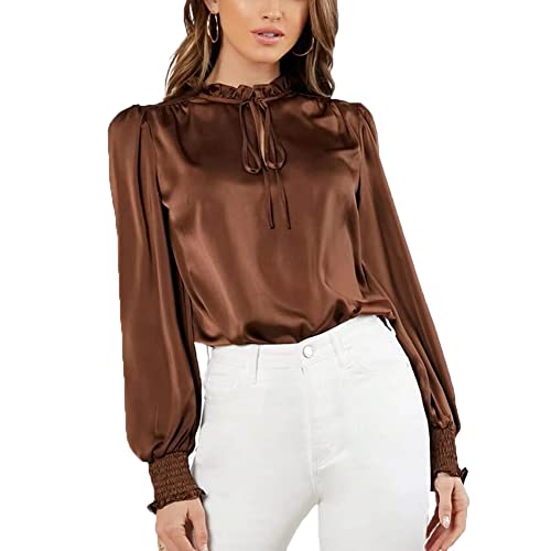Damen Elegantes Hemd Rundhals Schnürung Langarm Bluse Casual Solid Shirts Top, dunkelbraun, 38-40 von Gediffwer
