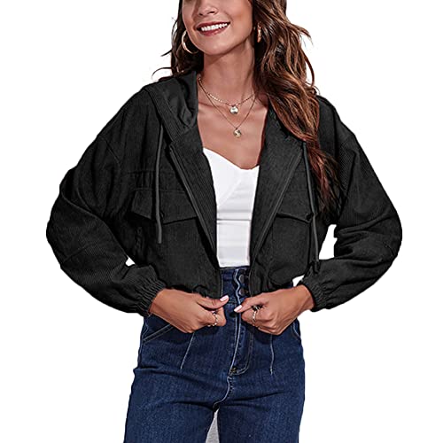 Damen Cordjacke mit Kapuze, langärmelig, Reißverschluss, bauchfreier Mantel, Shacket lose überschnittene Schulterjacken, Schwarz , M von Gediffwer