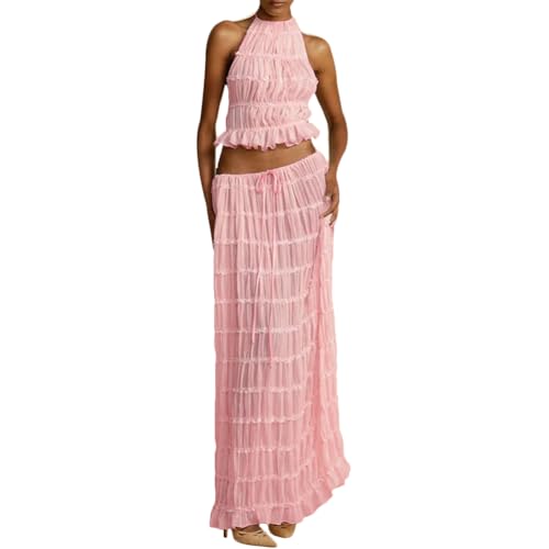 Damen Sommer Freizeit Urlaub Kleid Set Ärmellos Lace Up Crop Tank Top und Mesh Rüschen Hohe Taille Rock, rose, S von Gediffwer