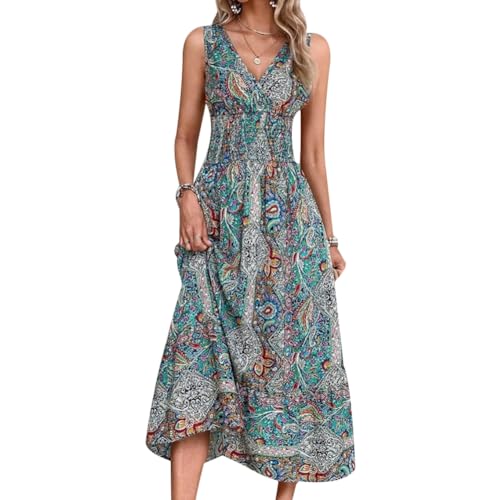 Damen Sommer Retro Bohemian Style Ärmellos Strapskleid Casual Hohe Taille V-Ausschnitt Bedrucktes Urlaubskleid, blau / grün, XX-Large von Gediffwer
