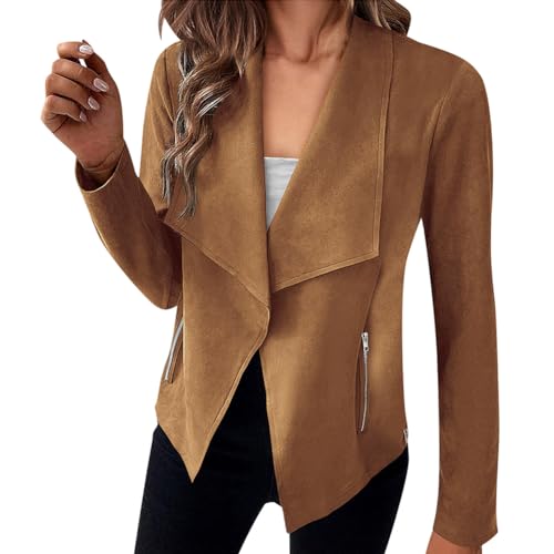 Gediffwer Damen Einfarbig Faux Wildleder Strickjacke Mode Unregelmäßige Langarm Top, hellbraun, 36-38 von Gediffwer