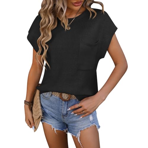 Gediffwer Damen Mode Sommer Ripp Pullover Tank Top Ärmellos Vielseitiges T-Shirt mit Tasche, Schwarz , 38 von Gediffwer