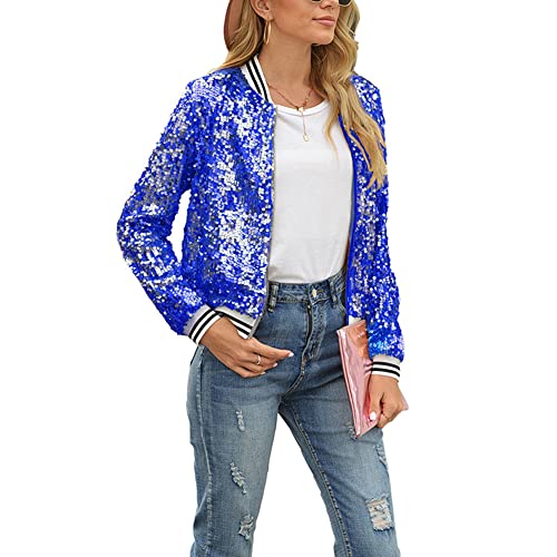 Gediffwer Damen Party Pailletten Jacke Stehkragen Langarm Reißverschluss Top Glitzer Glänzend Club Mantel Cardigan, blau, 48 Gediffwer Damen Party Pailletten Jacke Stehkragen Langarm Reißverschluss Top Glitzer Glänzend Club Mantel Cardigan, blau, 48 von Gediffwer