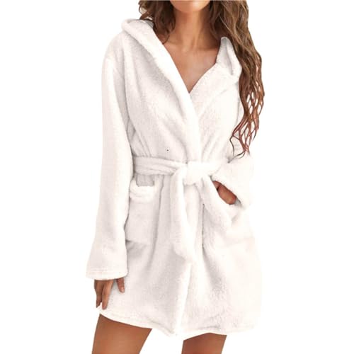 Gediffwer Damen Plüsch Weich Warm Fleece Bademantel Robe Casual Pyjamas Sets Mit Kapuze Home Kleidung, Reisweiß, 4-6 von Gediffwer