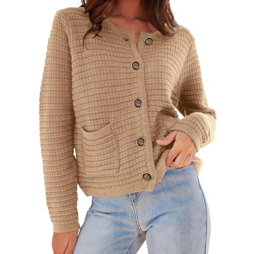 Gediffwer Damen Rundhals Gestrickt Pendeln Casual Cardigan Minimalistische Mode Knopf Mantel, khaki, 34-36 von Gediffwer