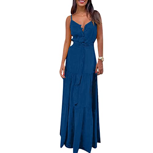 Gediffwer Damen Sommer Ärmellos Maxikleider V Ausschnitt Tunika Boho Strand Langes Kleid, blau, Small von Gediffwer