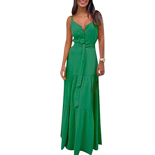 Gediffwer Damen Sommer Ärmellos Maxikleider V Ausschnitt Tunika Boho Strand Langes Kleid, grün, Small von Gediffwer