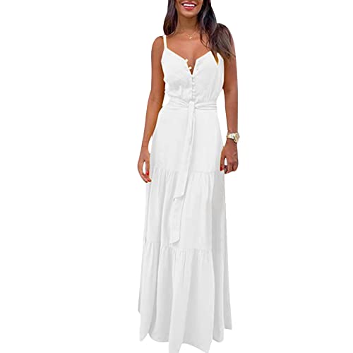 Gediffwer Damen Sommer Ärmellos Maxikleider V Ausschnitt Tunika Boho Strand Langes Kleid, weiß, Small von Gediffwer