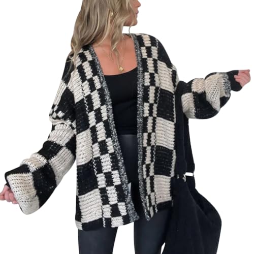 Gediffwer Damen-Strickjacke mit Schachbrettmuster, lockere Laternenärmel, gestrickt, Schwarz , L von Gediffwer