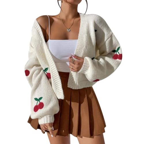 Gediffwer Damen Vintage Elegant Kirschen Stickerei Cardigan Y2K V-Ausschnitt Langarm Grobstrick Sweater Mantel, weiß, S von Gediffwer