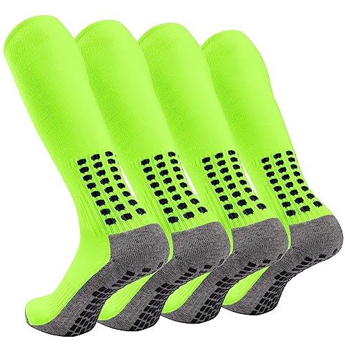 Geebuzz 4 Paare Herren Fußballsocken Kniehohe Griffsocken Fußball rutschfest Fußball Basketball Hockey Sport Grip Socken (Neongrün) von Geebuzz