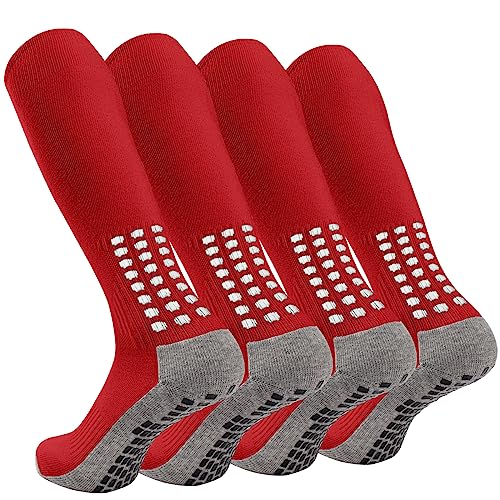 Geebuzz 4 Paare Herren Fußballsocken Kniehohe Griffsocken Fußball rutschfest Fußball Basketball Hockey Sport Grip Socken (Rot) von Geebuzz