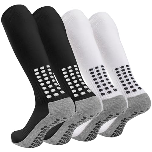 Geebuzz 4 Paare Herren Fußballsocken Kniehohe Griffsocken Fußball rutschfest Fußball Basketball Hockey Sport Grip Socken (Schwarz+Weiß) von Geebuzz