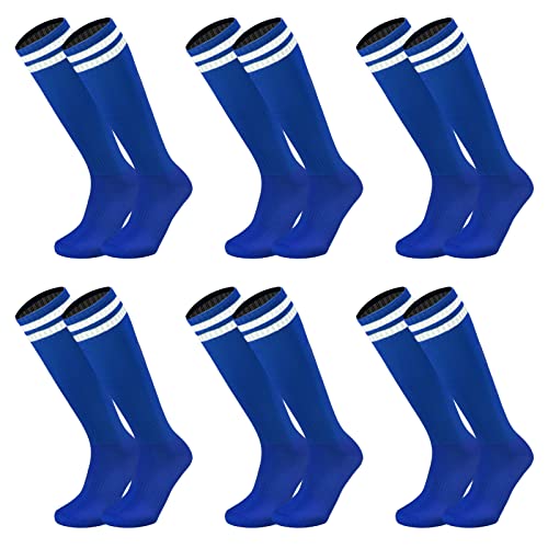 Geebuzz 6 Paare Kinder Jugend Fußball Socken Solid Striped Knie High Tube Fußball Sportsocken für Jungen Mädchen 6-12 Jahre alt (6 Paar-blau) von Geebuzz