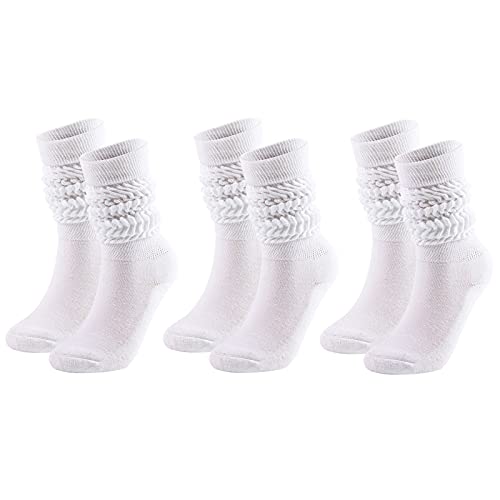 Geebuzz Knit Cotton Slouch Socken für Damen, extra lange Scrunch Kniehohe Stiefelsocken (3 Stück - Weiß) von Geebuzz