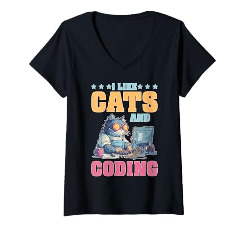Damen I Like Cats and Coding Programmierer Passion Tech T-Shirt mit V-Ausschnitt Damen I Like Cats and Coding Programmierer Passion Tech T-Shirt mit V-Ausschnitt von Geek Cat Developer Programmer