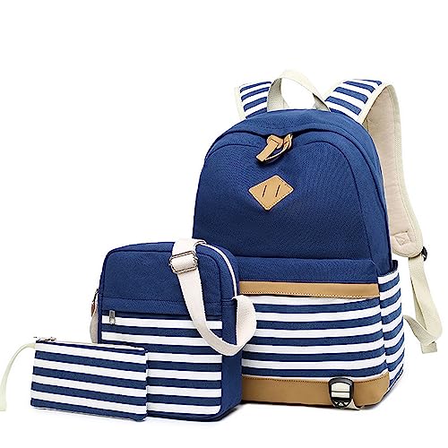 Geek-M Schulrucksack Mädchen Teenager Canvas Rucksack Schulranzen Laptop Schultaschen für Damen Schule Reise (Jungen Schulrucksack Marineblau) von Geek-M