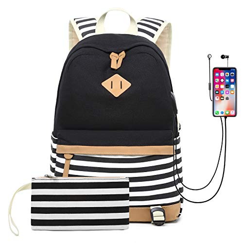 Geek-M Schulrucksack Mädchen Teenager Canvas Rucksack mit USB Port Streifen Schulranzen Laptop Schultaschen für Damen Schule Reise mit Mäppchen von Geek-M