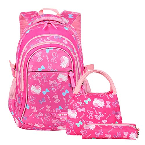 Mädchen Schultasche Cute Katze Printing Schulrucksack Teenager Mädchen Schulranzen Wasserdicht Kinderrucksack 3 Teile Set für Schule und Freizeit (Rose rot) von Geek-M