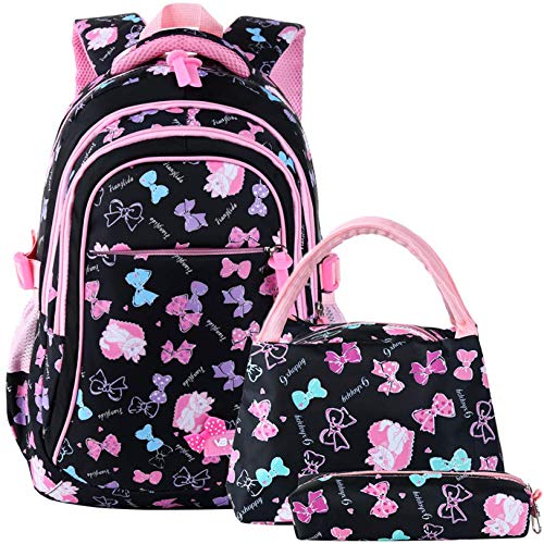 Geek-M Rucksack Mädchen Schule 3 Teile Set Schulranzen Mädchen Schulrucksack Schultasche Floral Rucksack Kinder Daypack für Schule und Freizeit (Schwarz) von Geek-M