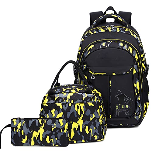 Schulrucksack Jungen Teenager Mädchen Jugendliche Coole Schule Daypacks Kinder Schulranzen Outdoor Camping Schultasche Wasserdicht Schultertaschen Set (Gelb) von Geek-M