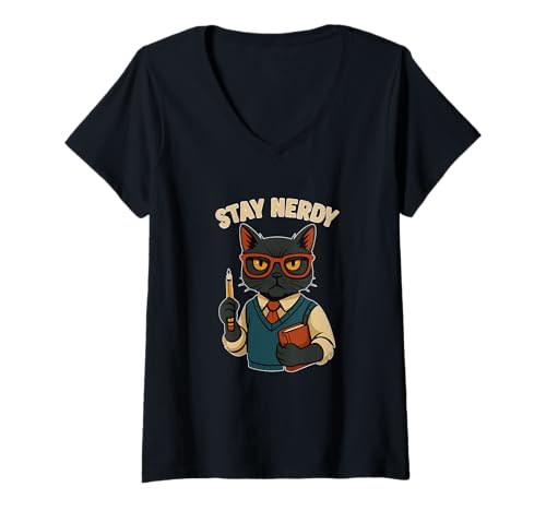 Damen Lustiges Nerdy Cat Bleistift Buch Geek Design T-Shirt mit V-Ausschnitt Damen Lustiges Nerdy Cat Bleistift Buch Geek Design T-Shirt mit V-Ausschnitt von Geeky Cat Nerd Humor Reading Apparel