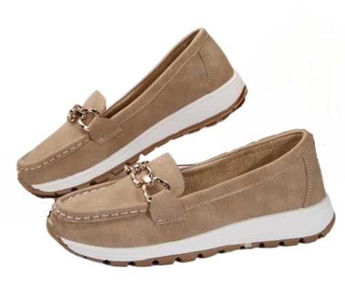 Geerta Damen Mokassines Mode Kette Verziert Low Top Runde Zehen Schuhe Orthopädische Sandalen Lässige Bequeme Leichte Schlupfschuhe Weibliche Solide All-Match-Schuhe für den täglichen Gebrauch, Braun von Geerta