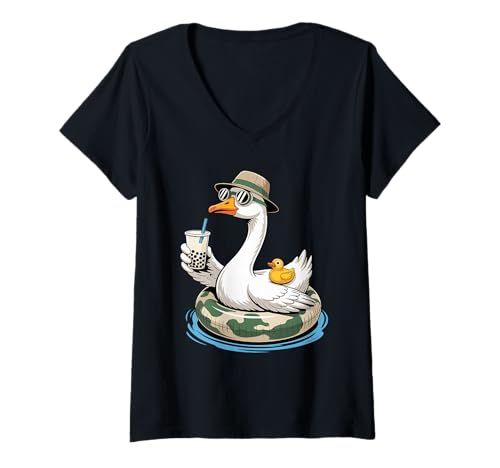 Damen Gans Boba Perlen Milchtee Gänse T-Shirt mit V-Ausschnitt Damen Gans Boba Perlen Milchtee Gänse T-Shirt mit V-Ausschnitt von Geese Lover Gifts