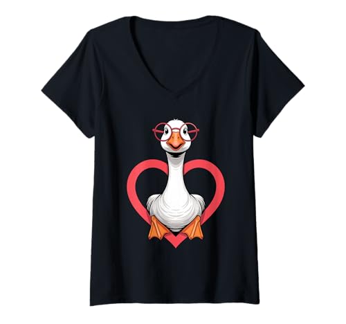 Damen Herz Gans Brille Gänse T-Shirt mit V-Ausschnitt Damen Herz Gans Brille Gänse T-Shirt mit V-Ausschnitt von Geese Lover Gifts