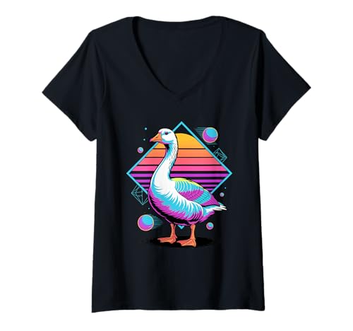 Damen Retro Synthwave Gans Gänse T-Shirt mit V-Ausschnitt Damen Retro Synthwave Gans Gänse T-Shirt mit V-Ausschnitt von Geese Lover Gifts