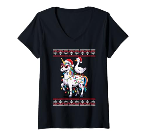Damen Weihnachten Gans Einhorn Sonnenbrille Gänse T-Shirt mit V-Ausschnitt Damen Weihnachten Gans Einhorn Sonnenbrille Gänse T-Shirt mit V-Ausschnitt von Geese Lover Gifts