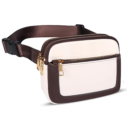 Geestock Bauchtasche Damen PU Leder Gürteltasche Kleine Umhängetasche Verstellbarer Schultergurt Stylisch Brusttasche Sport Mode Hüfttaschen für Outdoor/Reisen/Laufen (Weiss-Braun) von Geestock