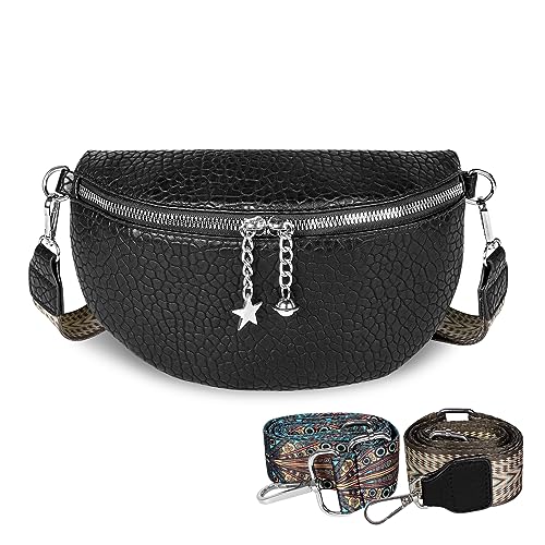 Geestock Crossbody Bag Damen Breiter Schwarz Gurt Bauchtasche Damen Stylisch Kleine Tasche Umhängetasche Damen aus Veganem Leder Stilvolle Moderne Brusttasche Damen mit Zwei Tragegurten Shoulder Bag von Geestock