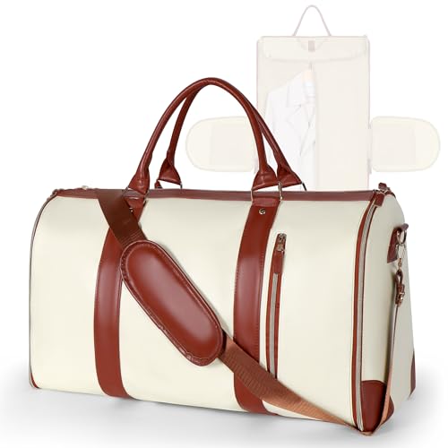 Geestock Kleidersack für Damen, PU Leder Faltbare Reisetasche Handgepäck mit Schuhbeutel, 2 in 1 Wandelbare Anzugtasche Garment Duffle Bag für Bussiness, Reisen (Beige) von Geestock