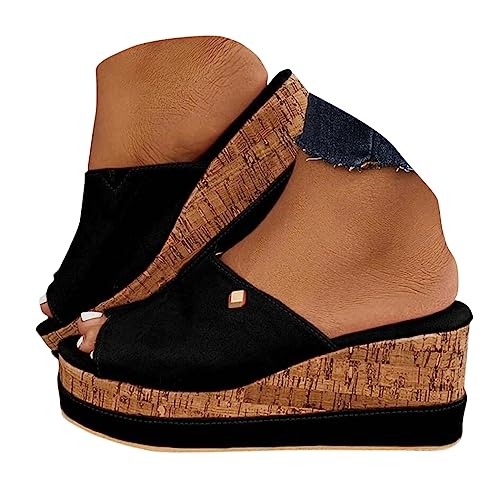 Geeylly Bequeme Kork-Fußbett-Schlupfsandalen Plateau-Hausschuhe mit Keilabsatz, Schwarz , 38.5 EU von Geeylly