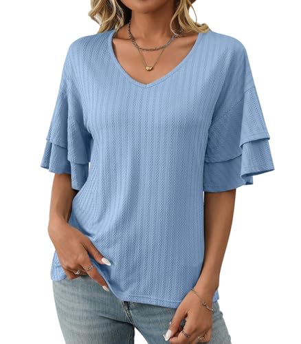 Gefevoqe Damen V-Ausschnitt Rüschen Ärmel T-Shirt Einfarbige Kurze Ärmel Lässig Loose Sommer Tops von Gefevoqe